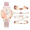 Women Fashion Watch Set 5Pcs Quartz Wristwatch Mesh Bracelet Cat Dial Luxury Women Watch Casual Ladies Clock With Bracelet Set